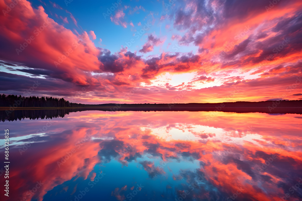 Farbenpoesie am Horizont - Ein bunter Himmel mit Wolken und Spiegelung im Wasser schafft eine zauberhafte Naturszene Farbenpoesie am Horizont - Ein bunter Himmel mit Wolken und Spiegelung im Wasser schafft eine zauberhafte Naturszene