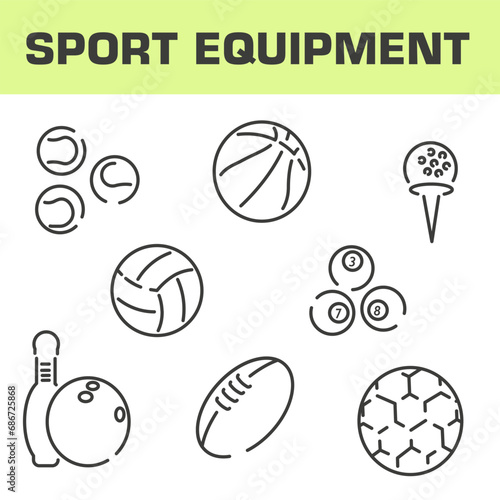 A set of sports equipment. Balls for various sports games. Thin line.