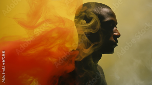 Black History Month. African American History in United States. Red Yellow Green smoke shrouded black man. Freedom holiday. Celebrated annual in February. Poster, design art illustration. Generated AI