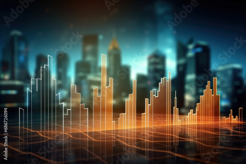 Forex chart glowing over blurred cityscape, financial analysis