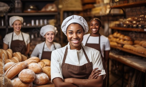 Group of Women Posing in Aprons With Freshly Baked Bread