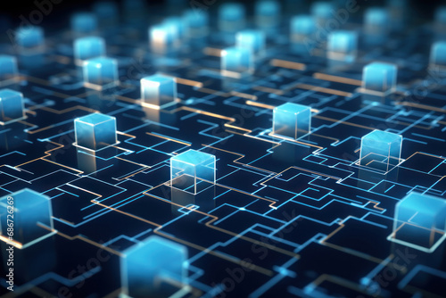 Blockchain network concept on a digital grid, depicting secure data blocks photo