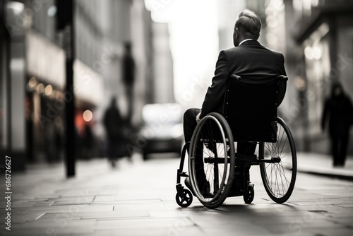 a man in a wheelchair on a city background. view from the back. black and white