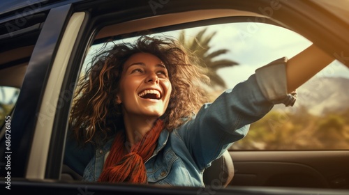 Happy woman stretches her arms while sticking out car window. Lifestyle, travel, tourism, nature, car, person, travel, females, summer, happy.