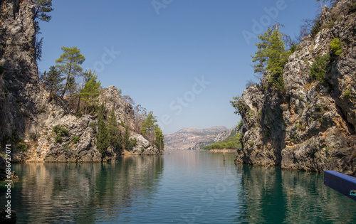 Green Canyon in Turkey  the city of Manavgat. Taurus Mountains and an artificial lake-reservoir. Excursions to Green Canyon