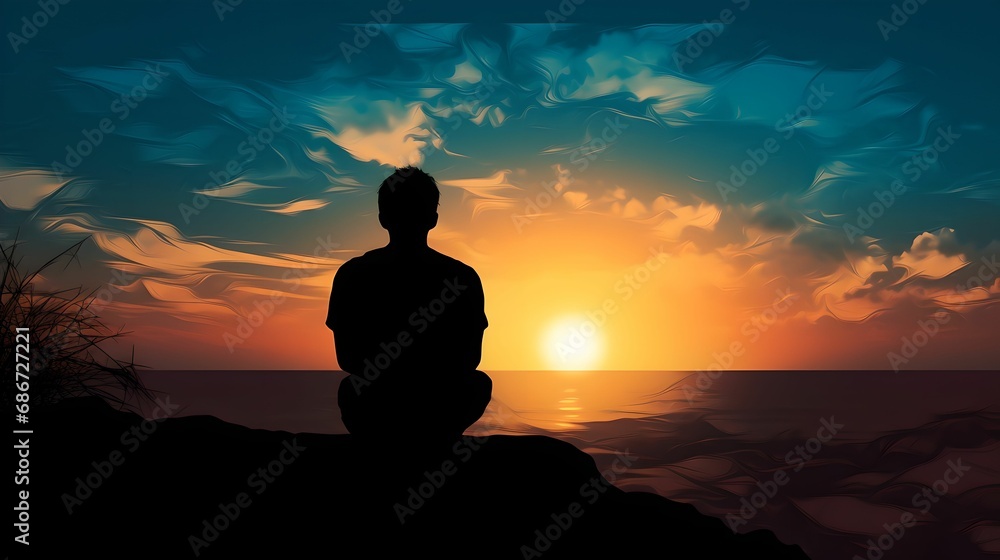 Silhouette of Contemplative Human at Sunset, Thinking, Introspection, Nature, Tranquility