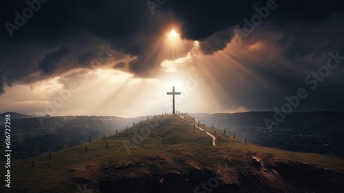 A large cross on the top of the mountain photo