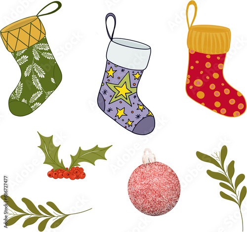 Christmas decoration elements. Christmas stockings, holly & berries, bauble and mistletoe sprigs. Red, yellow, green festive holiday season decor.