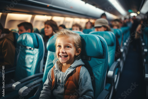 Young airplane passenger in a seat, family travel on vacation, time of passengers boarding the aircraft © Ed
