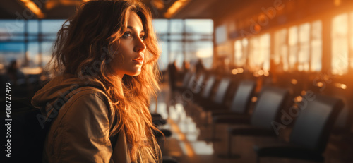 Portrait of a young girl queuing at the travelers check-in counter in the airport terminal, copy space, bright sunlight photo
