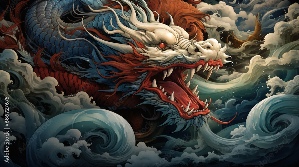 Chinese style traditional dragon illustration flying through the clouds. This dragon is famous in Chinese folklore and culture. - obrazy, fototapety, plakaty 