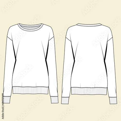Cotton-terry oversized sweatshirt technical fashion illustration with relaxed fit, crew neckline, long sleeves. Flat jumper apparel template front, back white, grey color. Women, men, unisex top CAD