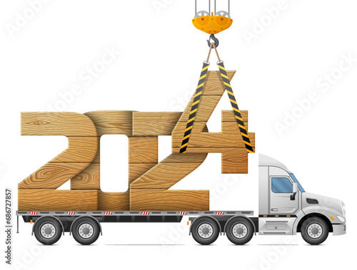 Crane loads New Year 2024 of wood. Big wooden year number in back of truck. Vector image for new years day, christmas, transportation, winter holiday, new years eve, trucking, silvester, etc