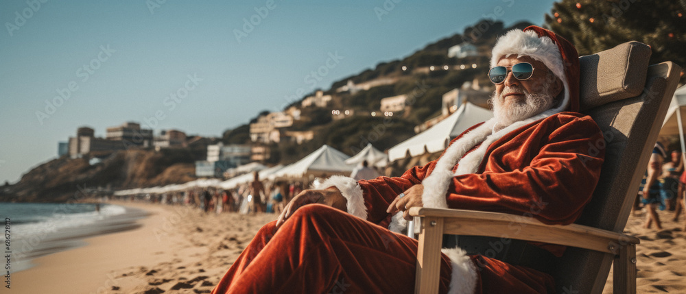 Santa Claus sitting in deckchair on beach. Christmas vacation concept.
