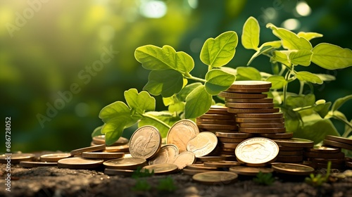 Blending Coins with Flourishing Greenery, Stack of Coins, Soft Daylight, Finance, Wealth