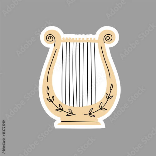 Lyre musical instrument sticker isolated. Greek symbol. Element in beige color with a line. Hand drawn. Vector illustration.
