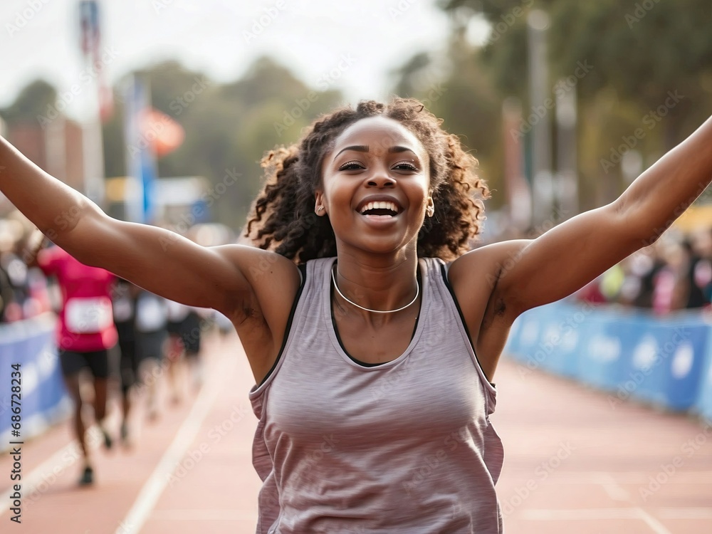 young Black female runner with curly hair spreads her arms wide as she crosses the finish line, her face lit up with a joyous smile. She is clad in a gray tank top, showcasing her athletic build