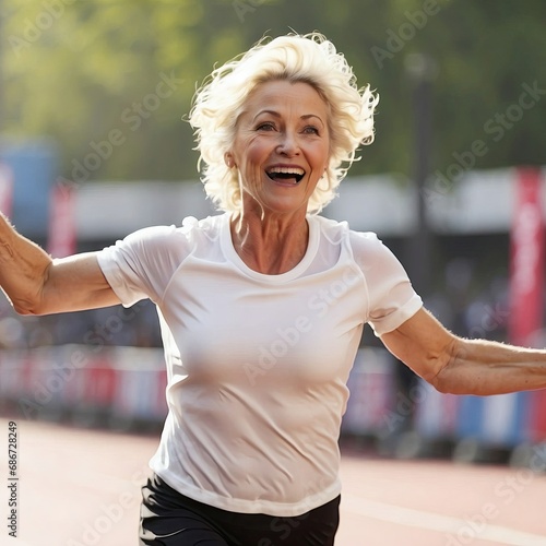 An exuberant middle-aged white woman with short blonde hair spreads her arms wide, celebrating as she crosses the finish line. Her expression radiates joy and accomplishment