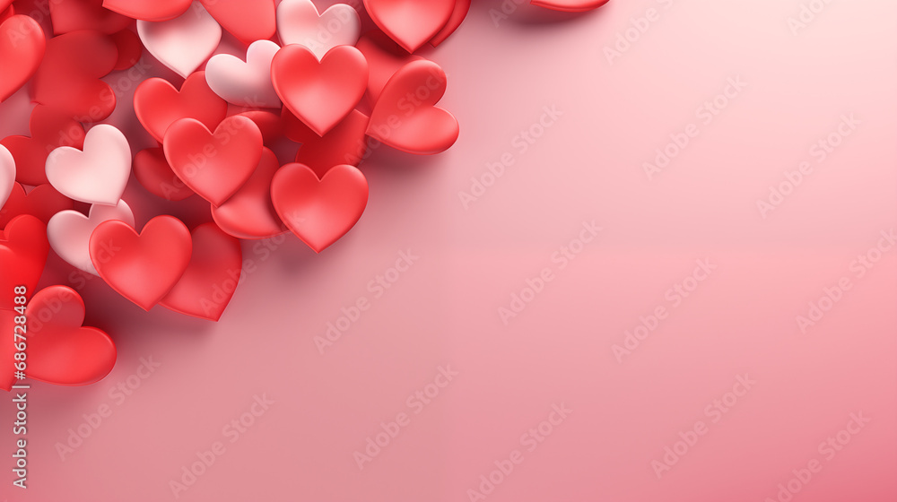 A background of floating red and pink 3D hearts in various sizes, creating a sense of depth, Hearts background, 3D style, Valentine’s Day, with copy space