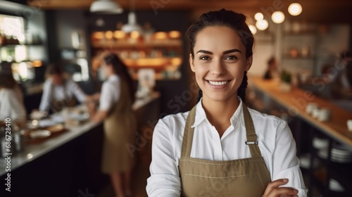 Close-up of working woman in cafe smiling at camera.