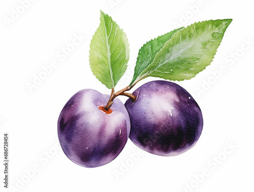 Plums with Leaves. Watercolour Illustration of Ripe Mirabelle or Damson Plum Isolated on White.