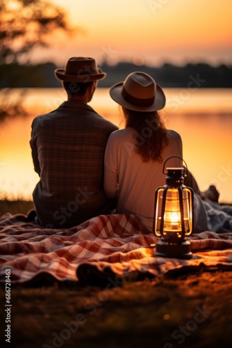 A couple sitting on a blanket  watching the sunset with a vintage lantern casting a warm glow