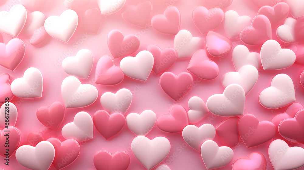 A pattern of glossy 3D hearts in shades of pink, red, and white, creating a luxurious and romantic feel, Hearts background, 3D style, Valentine’s Day, with copy space