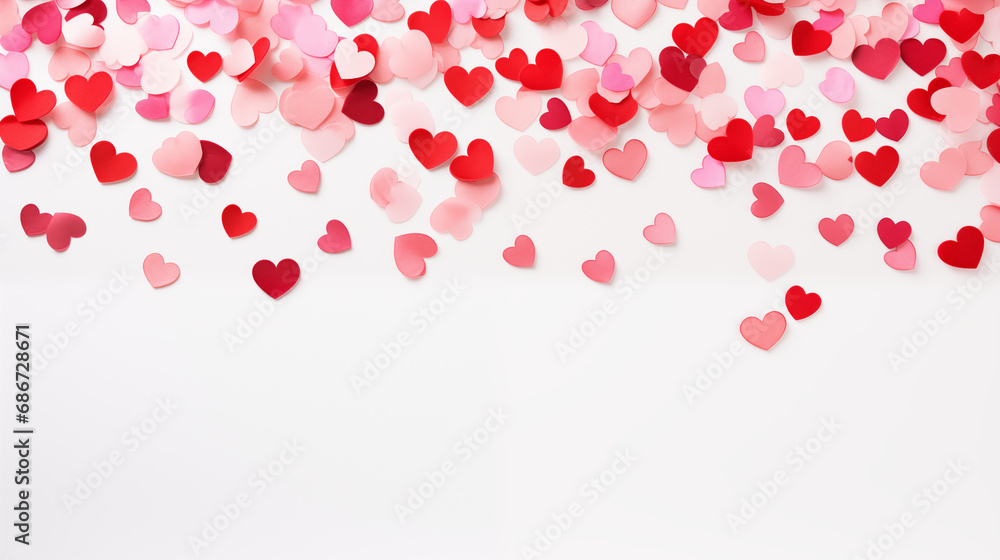 A collection of pink and red heart-shaped confetti scattered, valentine's day symbols, Valentine’s Day, white background, with copy space