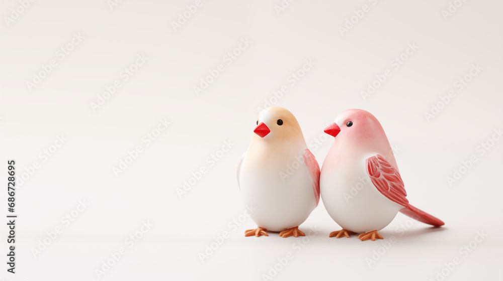 A pair of lovebirds figurines on a white backdrop, valentine's day symbols, Valentine’s Day, white background, with copy space