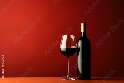 Minimalist Wine Elegance, glass, bottle, red background, stylish