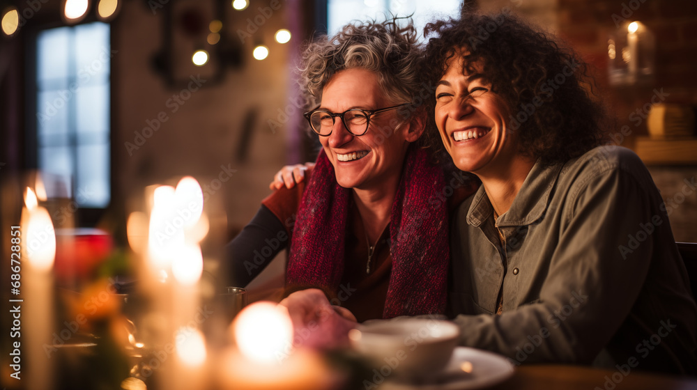 A couple laughing together over a candlelit dinner, happy LGBT couple, Valentine’s Day, bokeh, with copy space