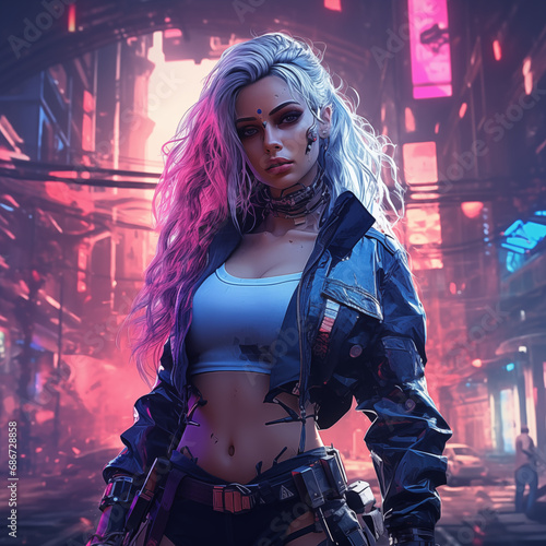 Realistic portrait of a sci-fi neon cyberpunk girl in a cyber suit. High-tech futuristic man from the future. The concept of virtual reality and cyberpunk. Created using generative ai tools.