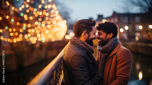 Two men sharing a romantic moment on a bridge at dusk  happy LGBT couple  Valentine   s Day  bokeh  with copy space