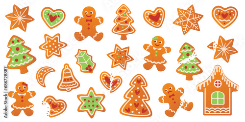 Gingerbread cookies. Stickers set. Winter homemade sweets in shape of house and gingerbread man and moon, star and snowflake, xmas tree and heart. Cartoon Vector illustration.