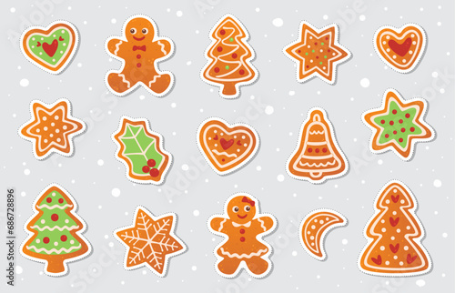 Gingerbread cookies. Stickers set. Winter homemade sweets in shape of house and gingerbread man and moon, star and snowflake, xmas tree and heart. Cartoon Vector illustration.