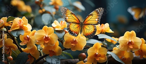 Beautiful yellow butterflies pollinate orchid flowers