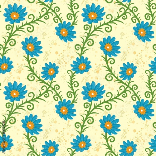 Wallpaper Mural Seamless pattern of blue flowers on textured yellow background  Torontodigital.ca