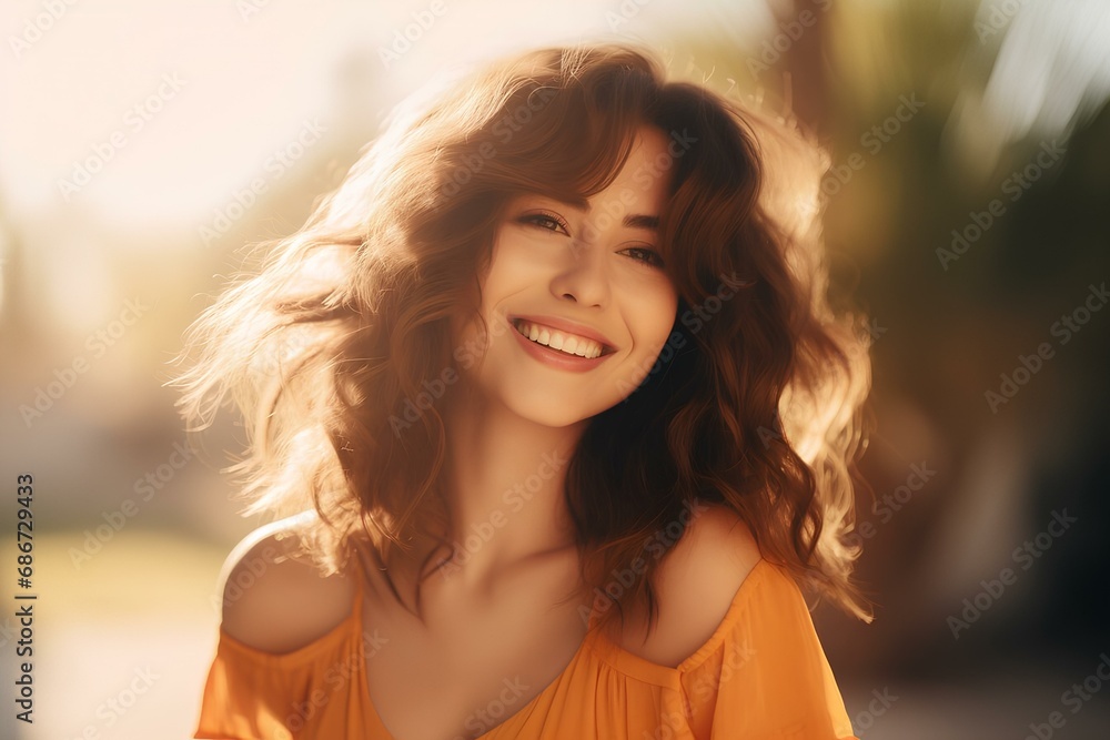Portrait of a smiling happy woman illuminated by the light of a golden sunset. Portrait of a smiling happy woman illuminated by the light of a golden sunset.
