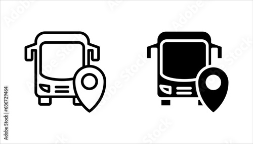 Bus with map pointer graphic icon.  Bus tour transport symbol. vector illustration on white background