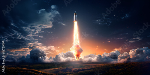 The prospect of nuclear war is grave A rocket was launched into space As a concept nuclear bombs, Rocket successfully launched into space. Spaceship takes off into the starry sky. Generative AI © Muhammad