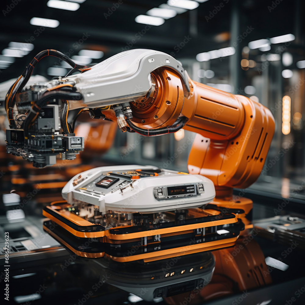 Future industrial scenes, artificial intelligence and robotics help industries. machines create things, robotic production. square