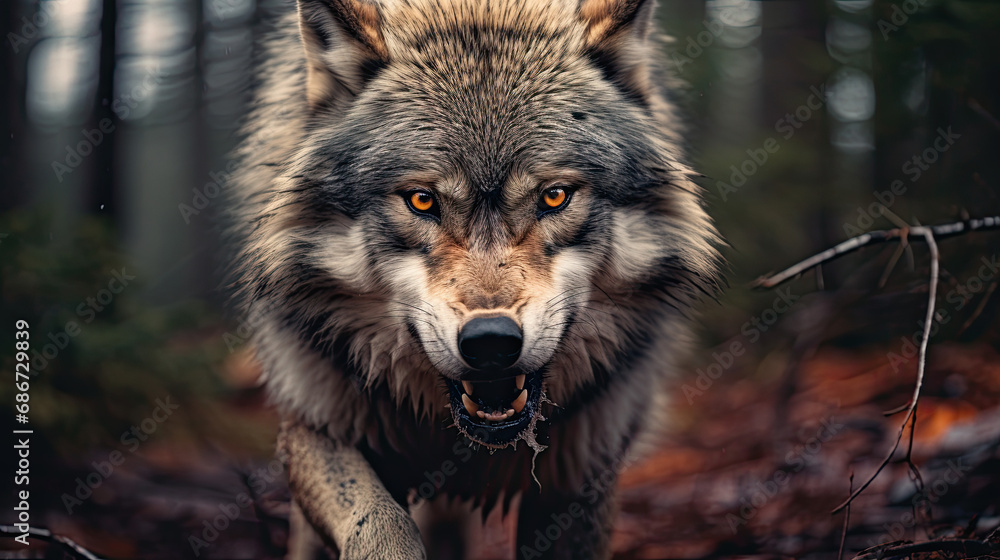 Angry wolf in the woods