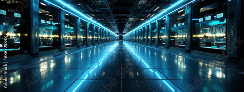 New future technology, futuristic environments, cyber space. science, development background. huge spaces with servers in blue color. Copy space. banner