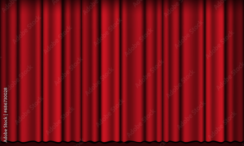 Red curtain background. Theatrical drapes. Red fabric. Wavy silk background. Red curtain background. Theatrical drapes. Red fabric. Wavy silk background.