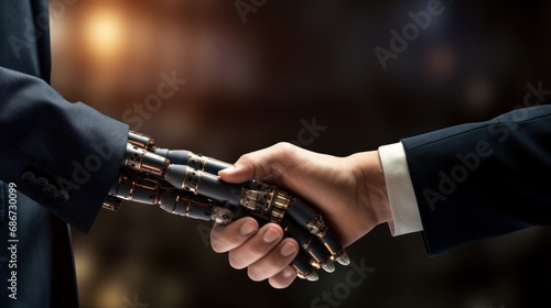 Human shaking hand with next generation Artificial intelligence hand. Generative AI