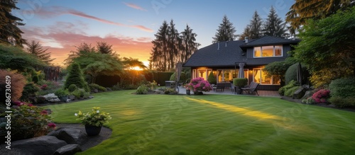 Backyard with green grass at sunrise photo