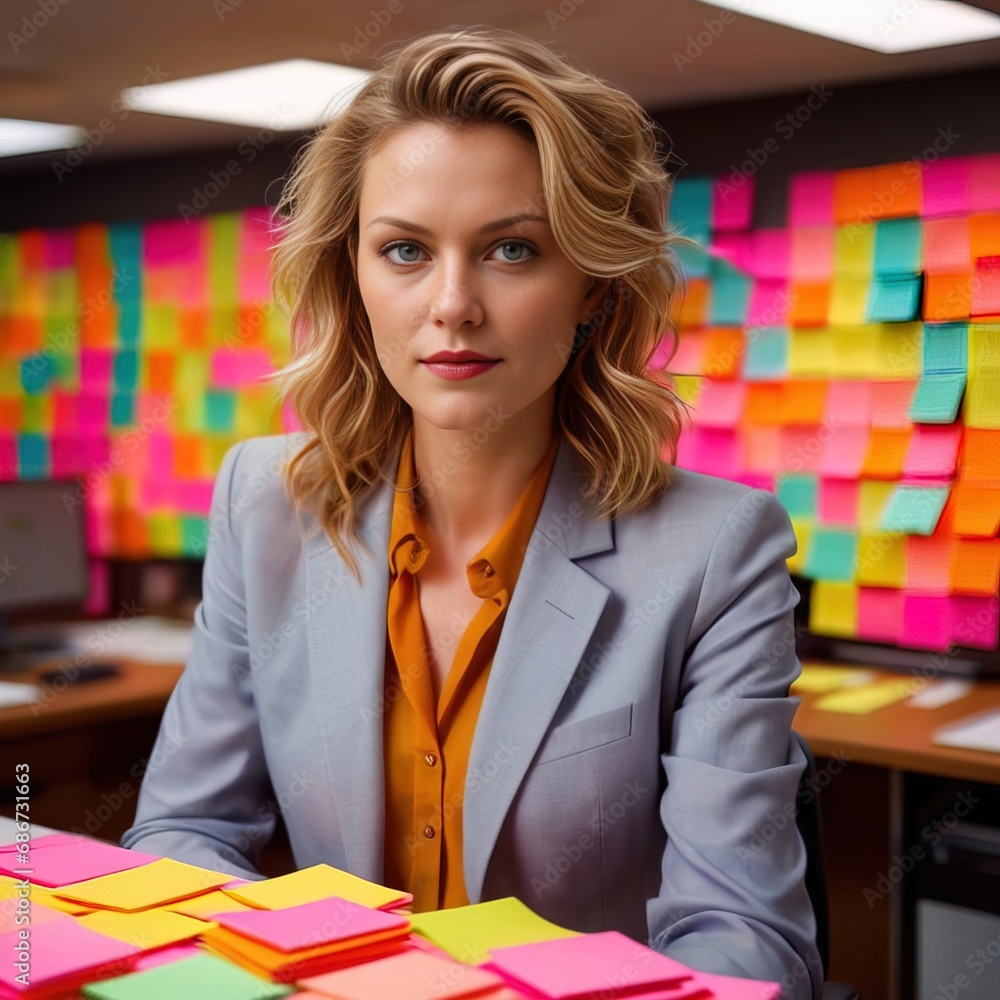 Overworked, busy, businesswoman, with many tasks and activities indicated by an office covered with postit notes