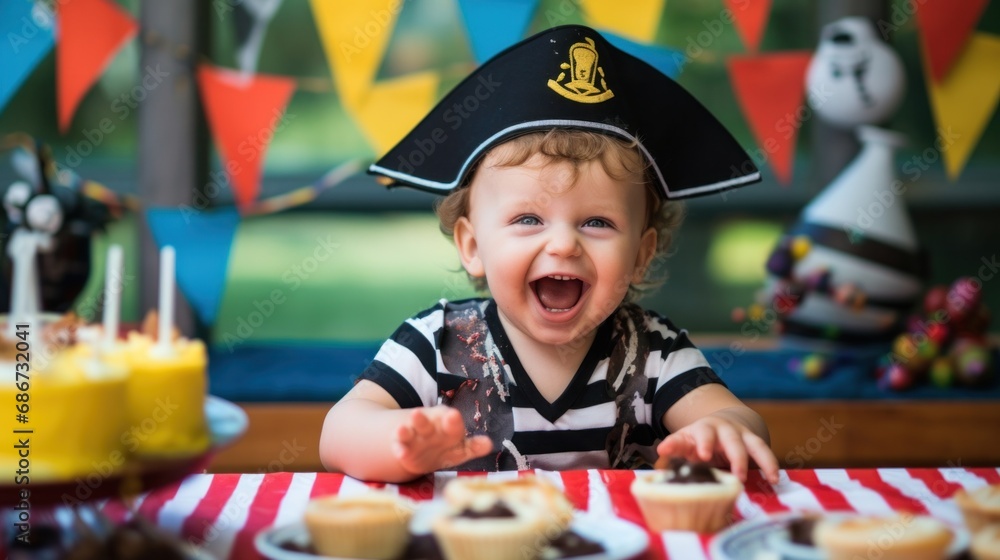Fototapeta premium A little boy wearing a pirate hat and eating cupcakes