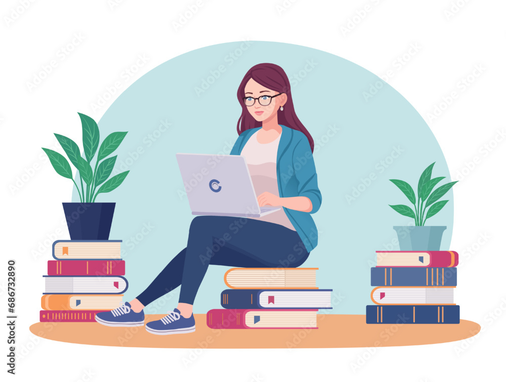 A student is preparing for exams using online courses. Concept of learning, exam preparation, education. Flat vector illustration. A student is preparing for exams using online courses. Concept of learning, exam preparation, education. Flat vector illustration.