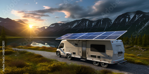 Solar panel charges RV battery enabling camping in nature. Camper van in the mountains, White camper van with a pop-up roof parked in the wilderness of northern Sweden, generative AI